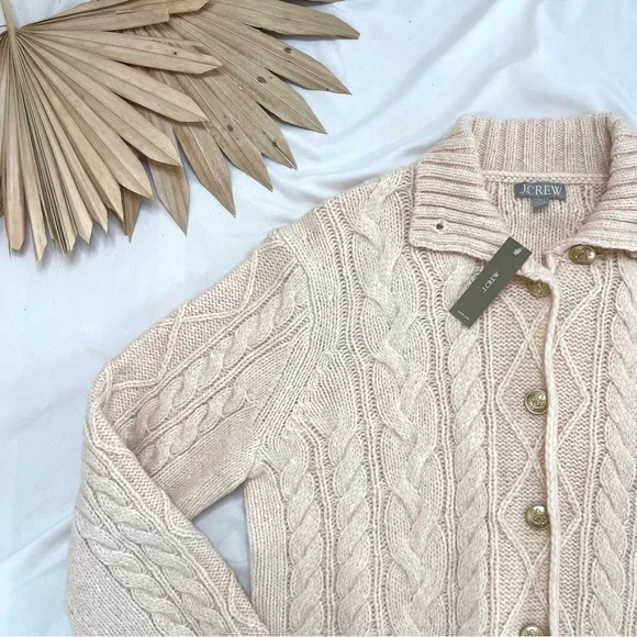 J. Crew Cable Knit Cream Button Front Turtleneck Fold Collar Cardigan Sweater - Picture 3 of 6